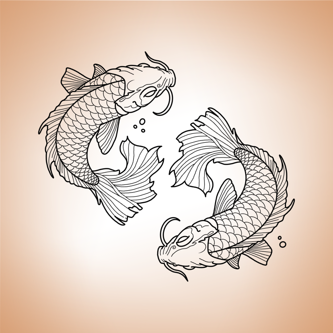 deux carpes Koi japonaises nageant en sens inverse, symbole d’équilibre, yin-yang et harmonie.