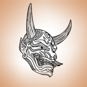 Tatouage masque Oni japonais, symbole de force et de caractère. Un motif expressif inspiré du folklore nippon.