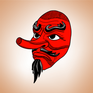 masque Tengu inspiré du folklore japonais. Symbole de force, vigilance et esprit protecteur. Un motif puissant et chargé de sens.